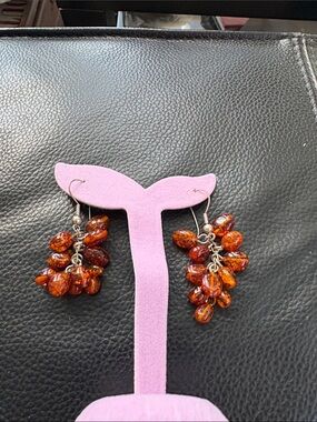 925 Sterling Silver Baltic Amber Cluster Drop Earrings